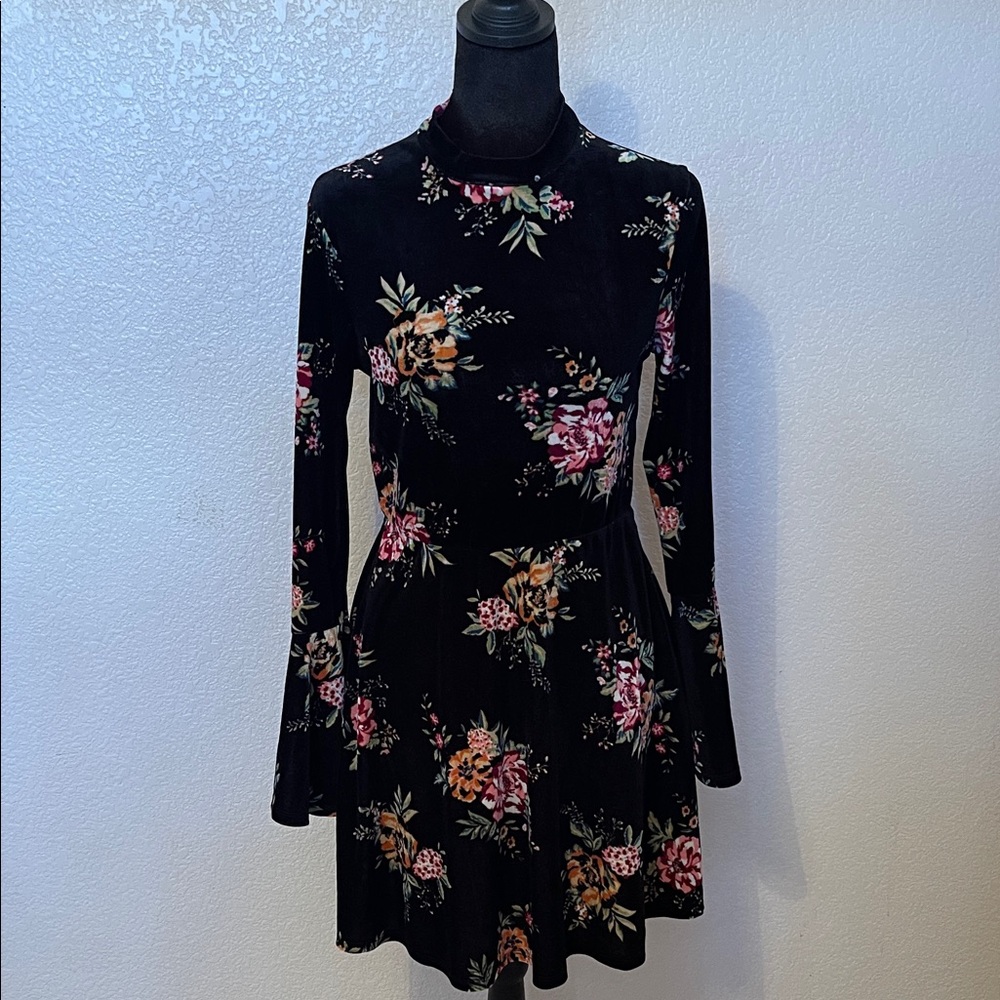 As U Wish Black Floral Long Sleeve Fit-and-Flare Dress